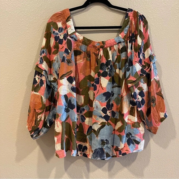 Zac & Rachel Floral Multi Color Square Neck Top Ruffle Sleeve Size Large - Picture 6 of 8